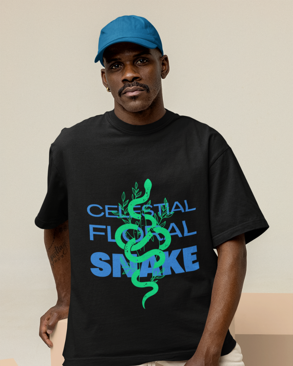 Men's Oversize Printed T-Shirt | Celestial Floral Snake
